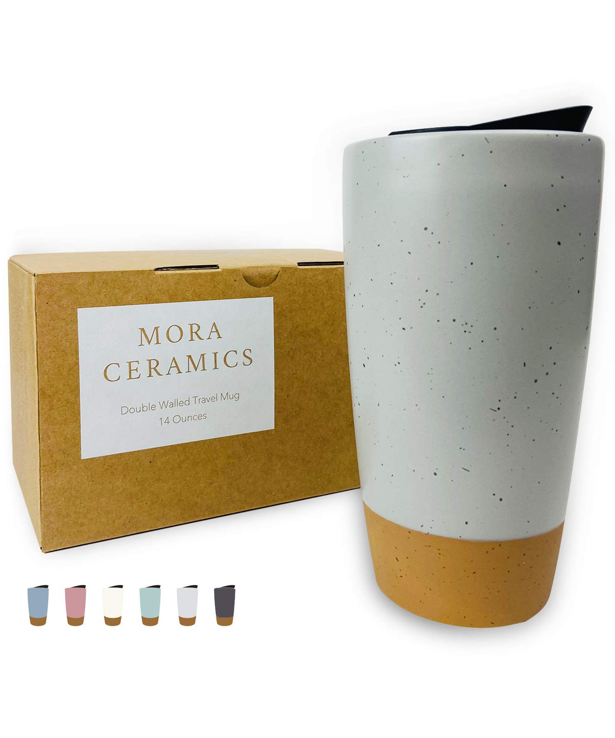 Mora Double Wall Ceramic Coffee Travel Mug with Lid, 14 oz, Portable, Microwave, Dishwasher Safe, Insulated Reusable Tall Cup, Splash Resistant Lid - To Go Tumbler for Car Cup Holder, Cotton White