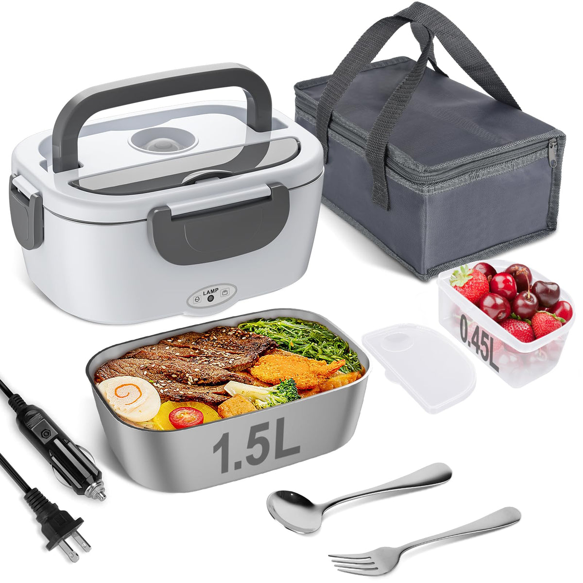 Vabaso Electric Lunch Box for Adults, 80W Heated Lunch Box Portable Food Warmer Lunch Box for Work/Men/Car/Truck with 1.5L 304 Stainless Steel Container Fork & Spoon, 110V/12V/24V