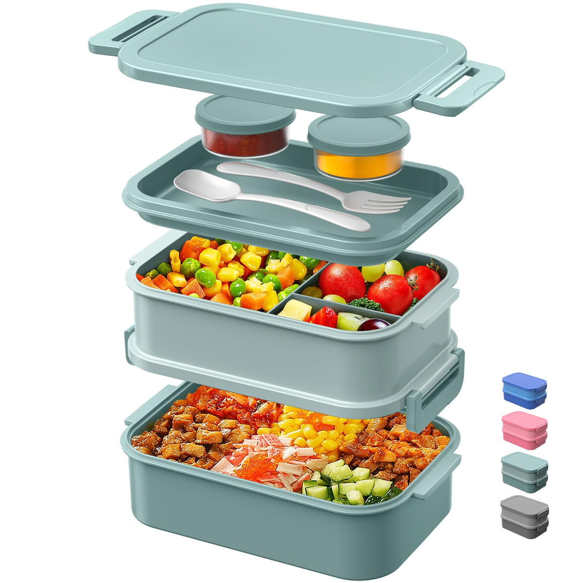 DaCool 2 Pack Adults Lunchbox Bento Box 74 OZ Stackable Lunch Box for Kids Adults Men Women Teens Leakproof Bento Large Lunch Box Container with Fork Spoon Sauce Box for School Work,Grey,Morandi-Green