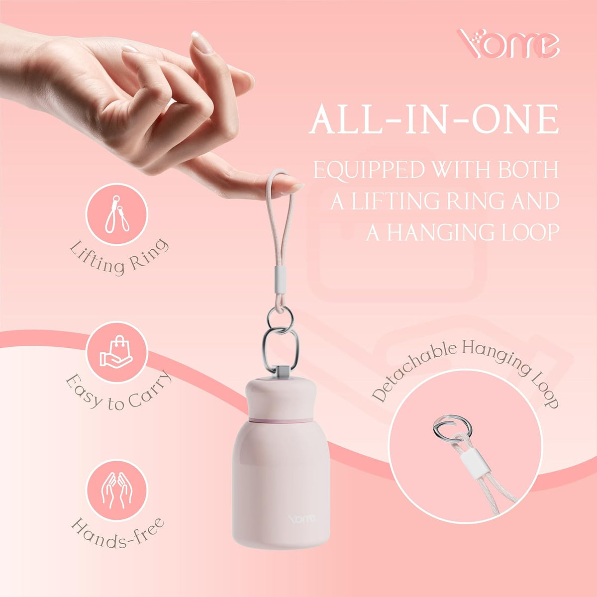 YOME 10oz Light Pink Insulated Mini Water Bottle with Lid & Lifting Loop for Women | Small Stainless Steel Cute Tumbler | Keeps Drinks Cold | Lightweight Gift Cup| Fits in Purse or Pocket
