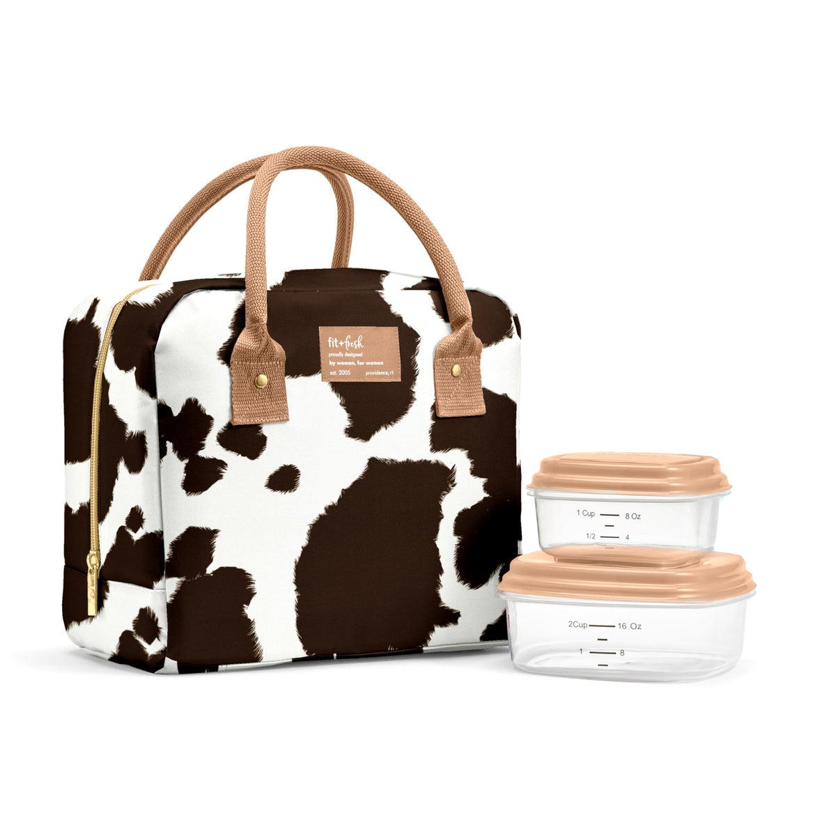 Fit & Fresh Bloomington Lunch Bag for Women - Insulated Large Lunch Box for Work with Containers, Leak-Resistant, Stain-Resistant, Zipper Closure, Feline Fine Ivory