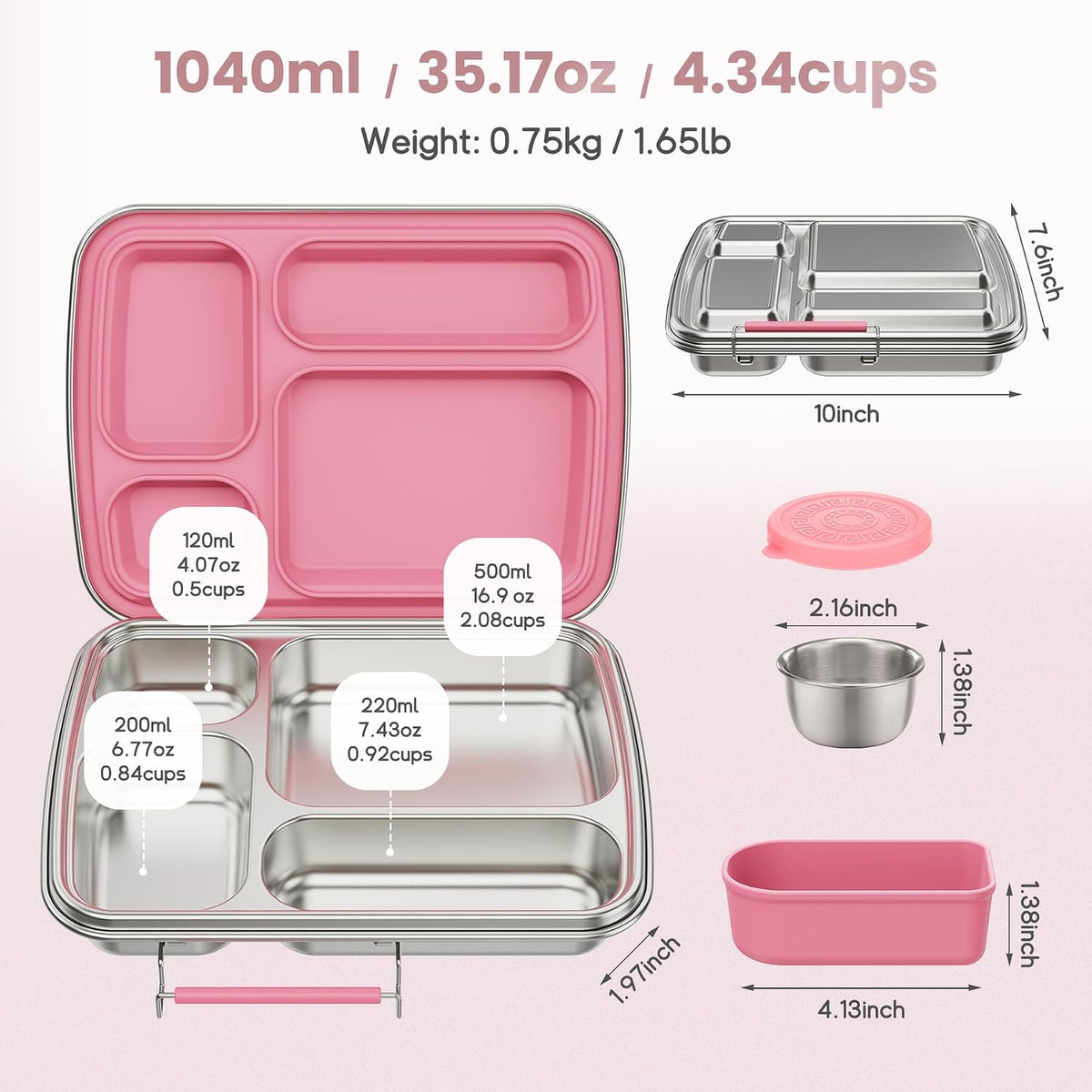 Stainless Steel Bento Box for Kids, Kids Lunch Box with 4-Compartment, Metal Lunch Box with Silicone Container & Sauce Cup, Durable Lunch Box Containers for School and Office (Pink)
