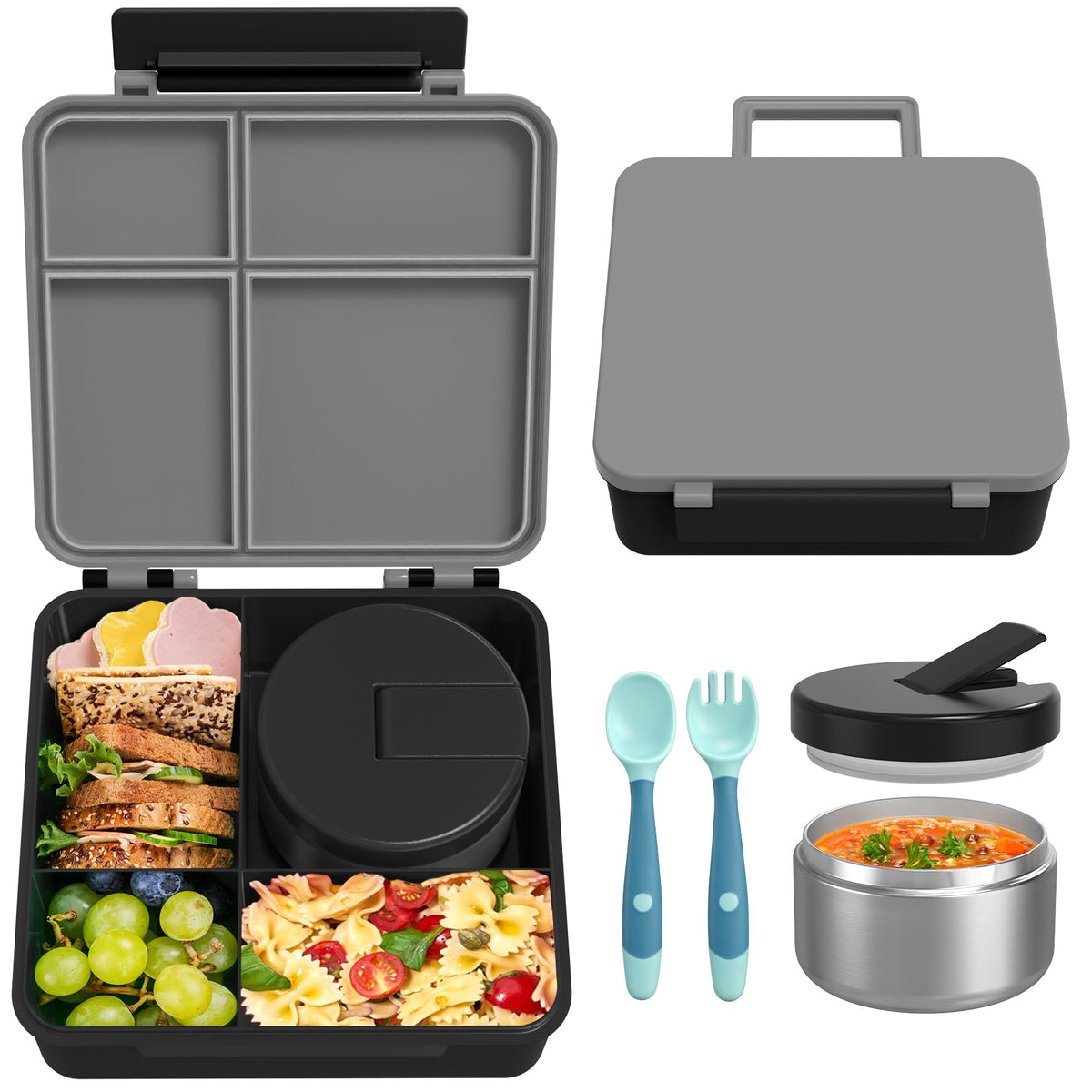 LOHASOK Bento Lunch Box for Kids with 8oz Soup Thermo, Black