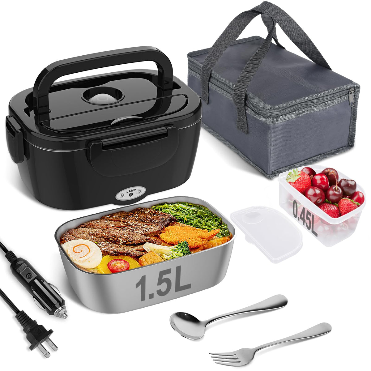 Vabaso Electric Lunch Box for Adults, 80W Heated Lunch Box Portable Food Warmer Lunch Box for Work/Men/Car/Truck with 1.5L 304 Stainless Steel Container Fork & Spoon, 110V/12V/24V