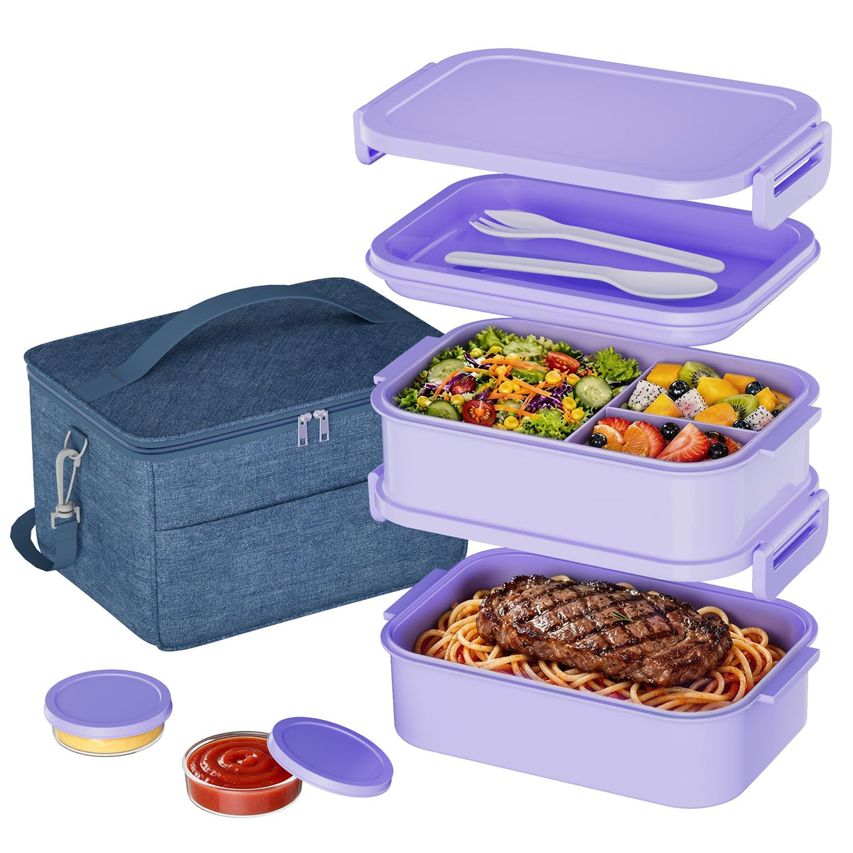 Adults Lunchbox Bento Box with Lunch Bag- 74 OZ All-in-One Stackable Lunch Box for Adults Kids Women Men Leakproof Bento Large Lunch Box Containers with Fork Spoon Sauce Box for Work School (Grey)