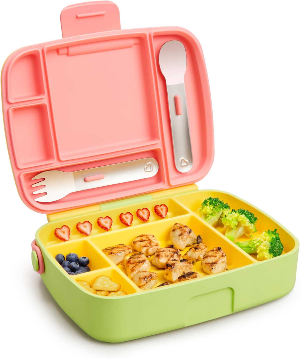 Munchkin Lunch Bento Box for Kids and Toddlers, Includes Stainless Steel Utensils, BPA-Free, 18 Months and Up, Blue/Green/Yellow
