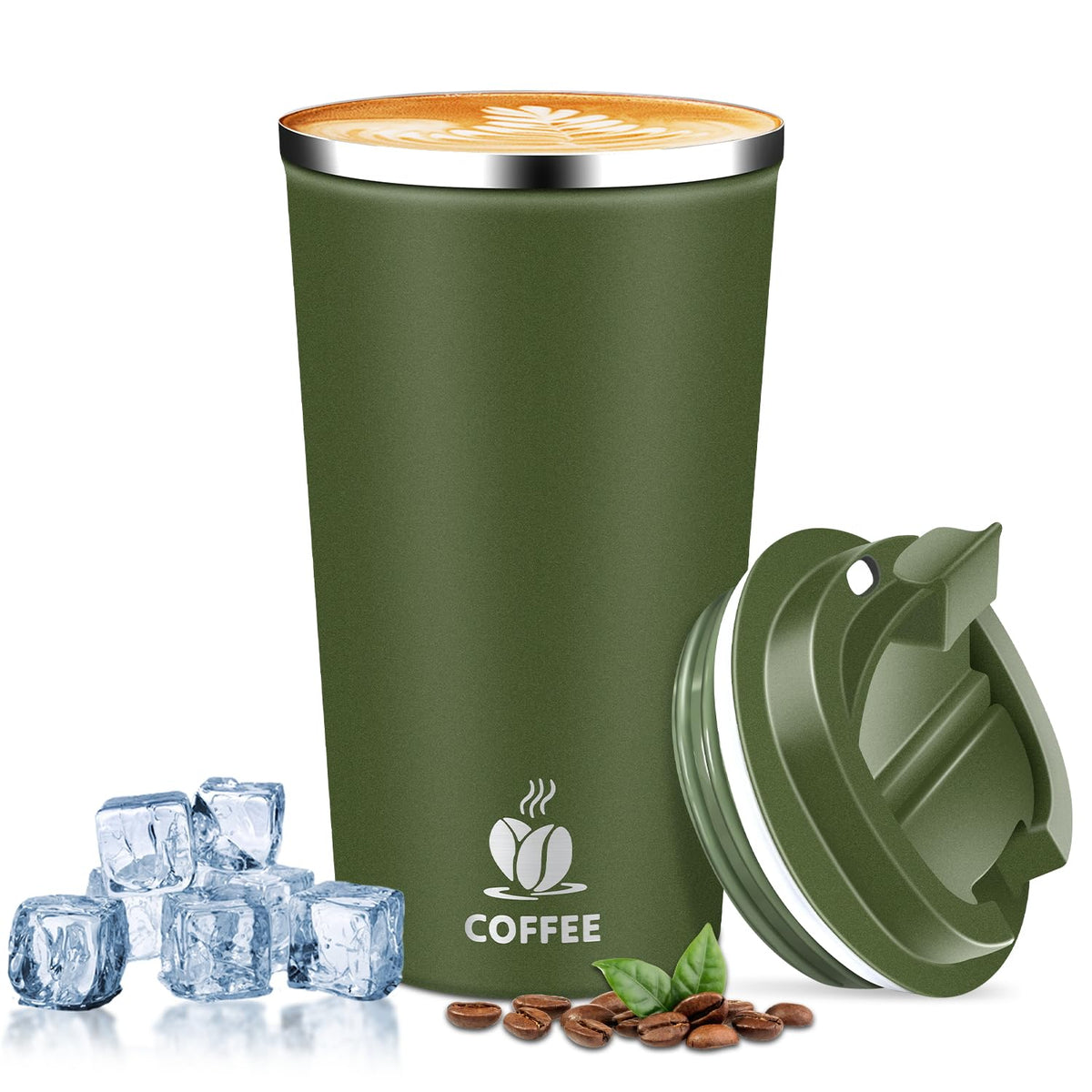 Insulated Travel Coffee Mug Reusable Coffee Tumbler Cup with Flip Lid Leak Proof Spill Proof for Office School Party Camping Hot and Cold Drink,Stainless Steel 17oz (Agave Green)