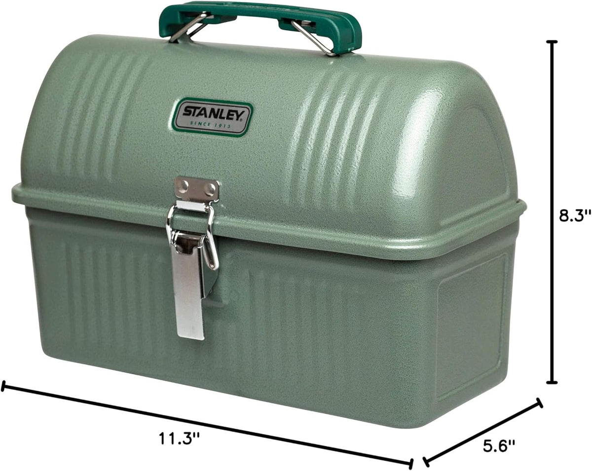 STANLEY Classic Lunch Box 5.5 qt | Vintage Metal Lunchbox | Durable Meal Container with Handle and Latch | Stores Food, Drinks, Thermos, Water Bottle | Hammer Tone Green