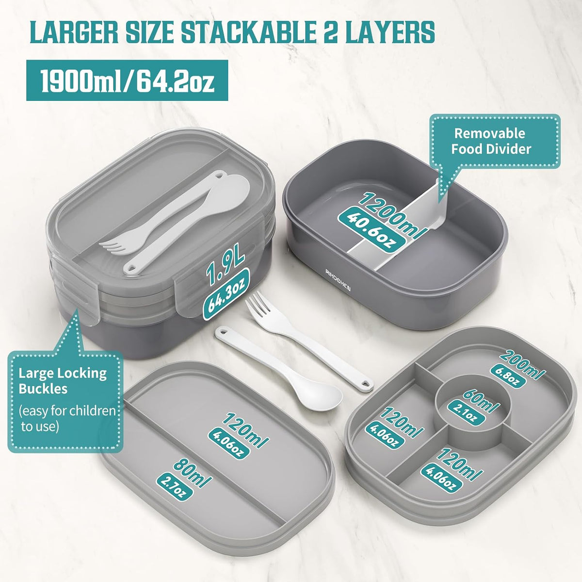 RIKDOKEN Bento Lunch Box, Stackable 2 Layers Containers with Compartments, Portable 64OZ Large Capacity Leakproof Bento Box with Spoon & Fork & Lunch Bag, Microwave Safe Lunch Box for Kids and Adults