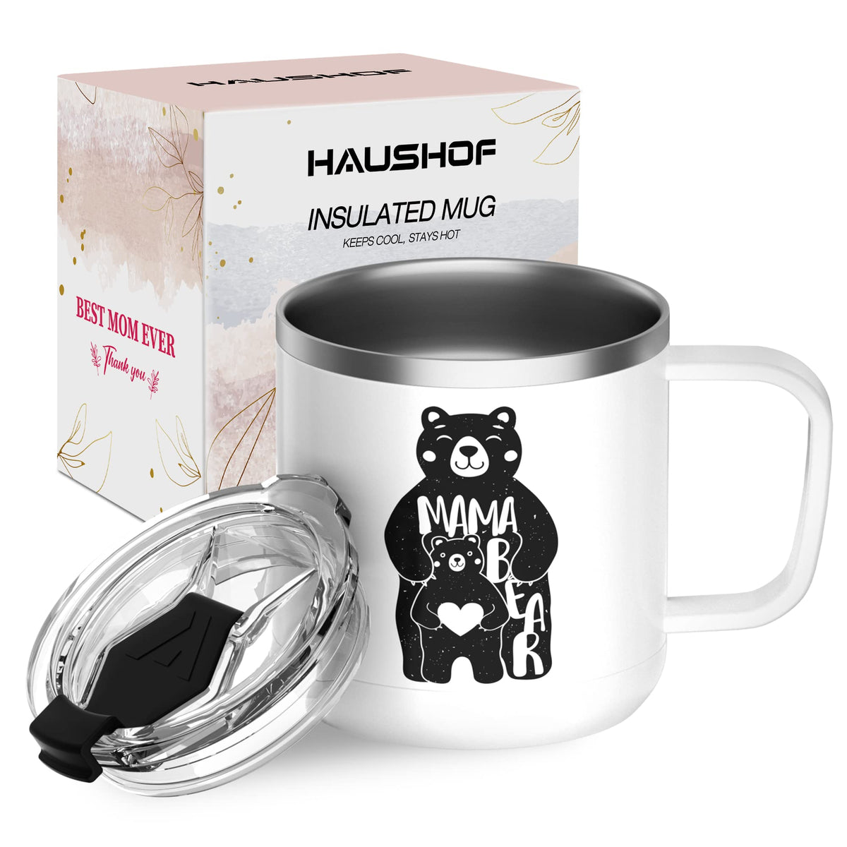 HAUSHOF 14 oz Coffee Mug, Insulated Coffee Mug with Handle, Travel Camping Cup, Portable Stainless Steel Coffee Cup, Insulated Coffee Cups with Lid, Lake Blue
