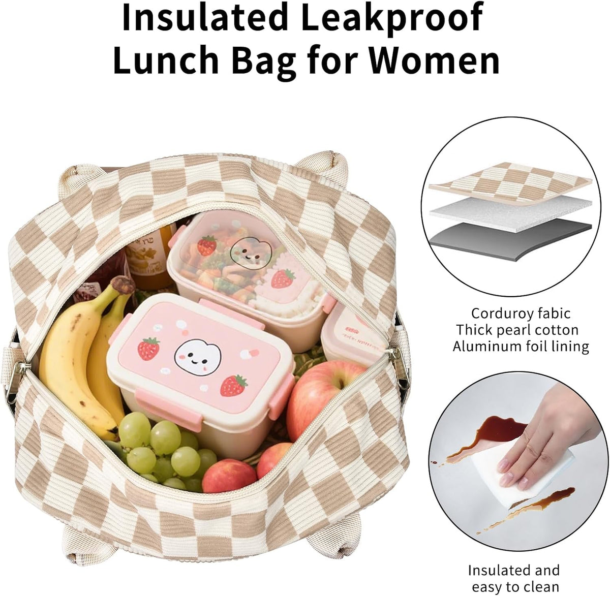 Lunch Bag Women Lunch Box for Women Adult Cute Insulated Lunch Bag Lager Cooler Lunch Tote Bags for Work Picnic (Beige-Brown Plaid)