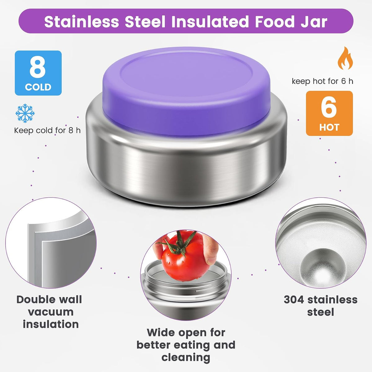 Stainless Steel Bento Box Kids Adult with 7oz Soup Thermo, Transparent Lid 3 Compartments Metal Bento Lunch Box with Insulated Food Jar,Lunch Box Container Sauce Cup for School,BPA-Free(Purple)