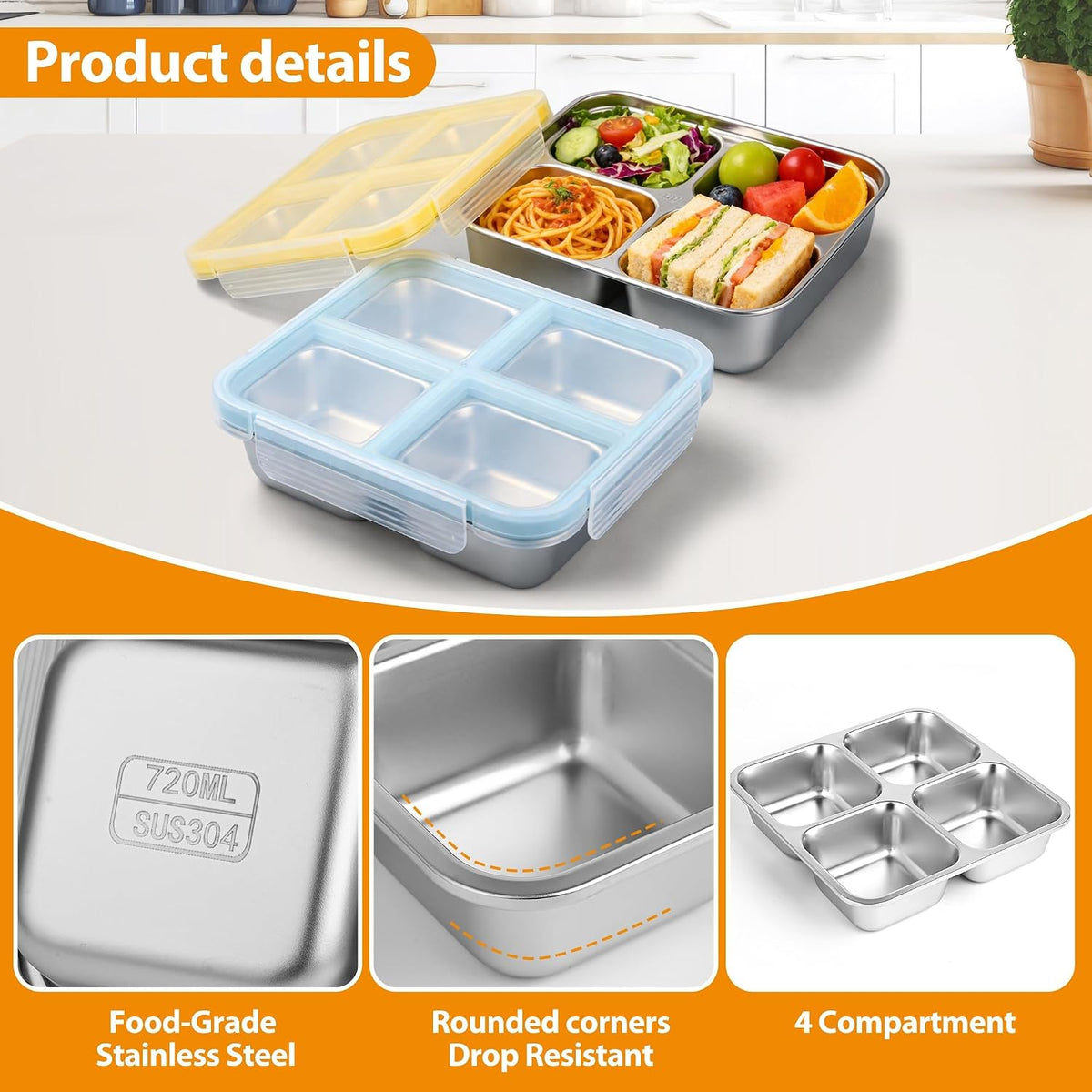 Stainless Steel Snack Container, 25oz Lunch Box, Meal Prep Box (Blue)
