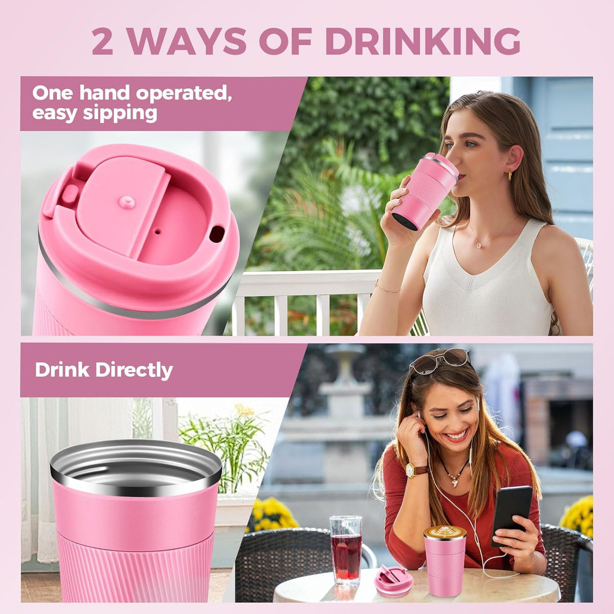 Volhoply 13 oz Stainless Steel Insulated Travel Coffee Cup with Fip Lid,Reusable Double Wall Vacuum Metal Coffee Mug,Portable to Go Leak Proof Cafe Mugs for Hot & Cold Drinks(Pink,1)