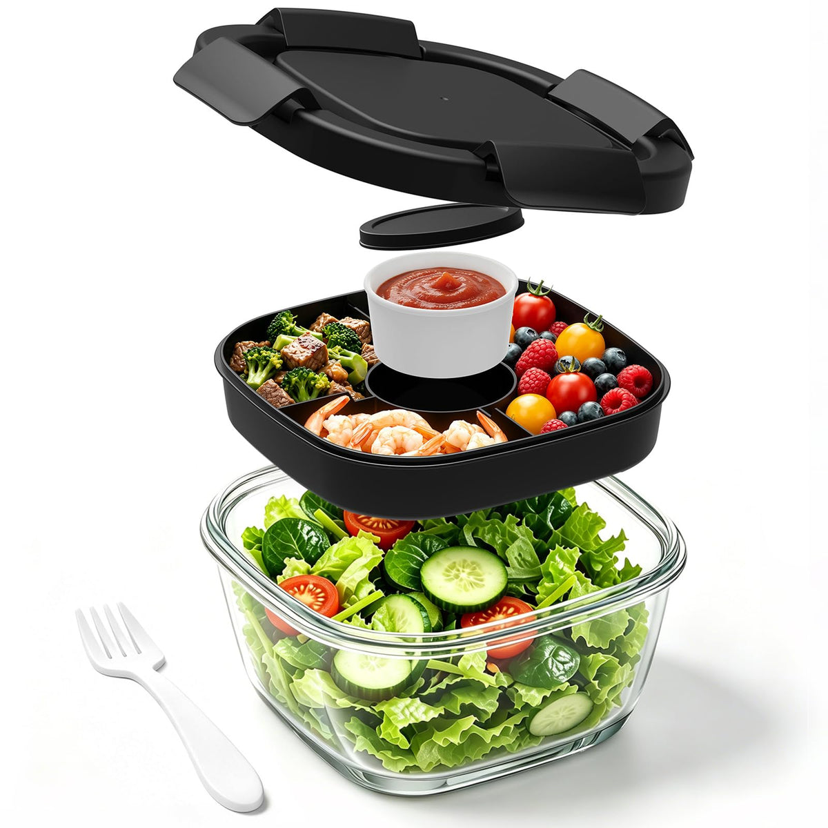 Glass Salad Container,56oz Salad Bowl To Go for Lunch with Airtight Lid,Leak-Proof Sauce Container,4-Compartment Bento Tray & Reusable Fork - BPA-Free Glass Lunch Box for Meal Prep,Office（Green）