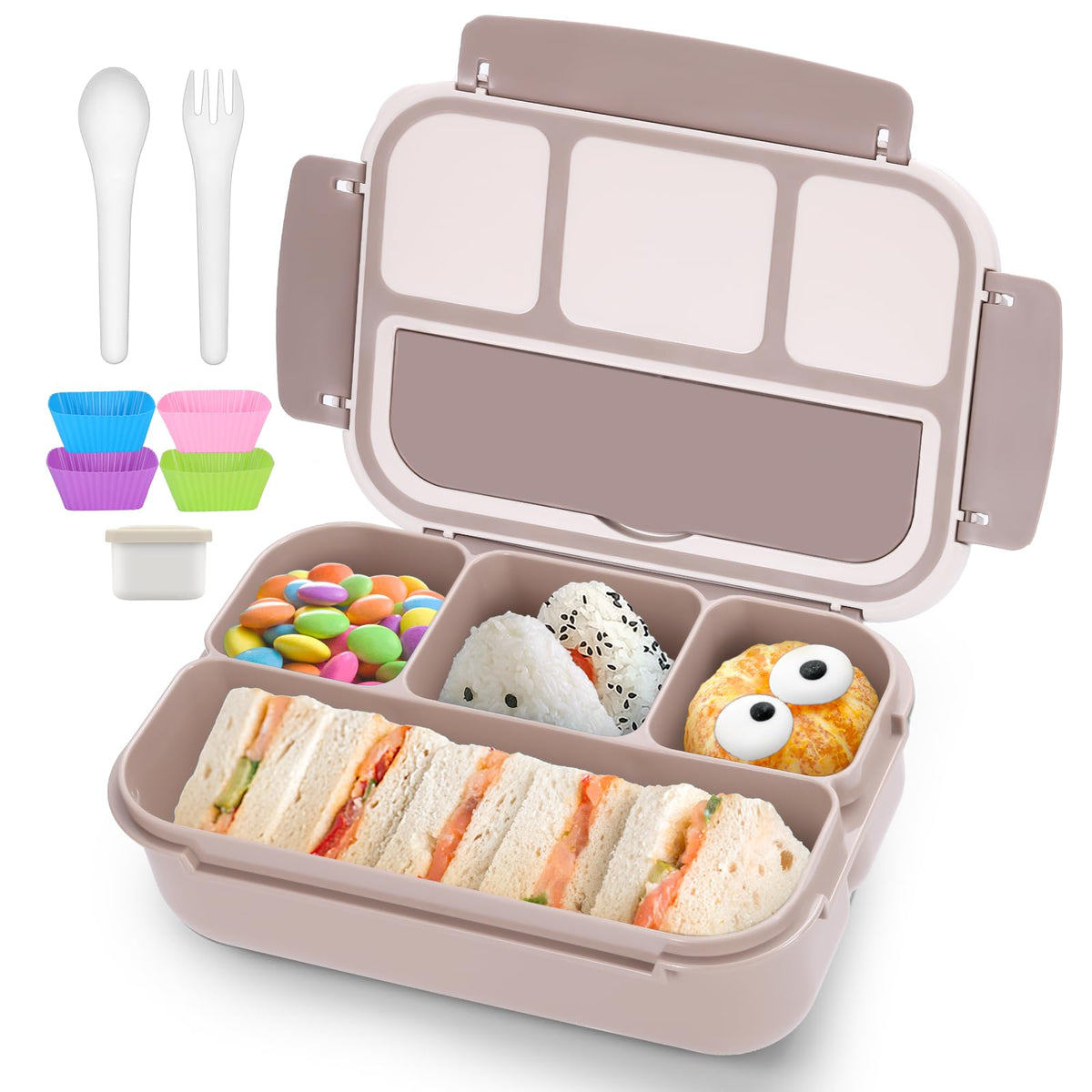QQKO Bento Box Adult Lunch Box, Lunch Containers for Adults Men Women, Kids Lunch Boxes for School with 4 Compartments, Sauce Container, Utensils and Muffin Cups, Purple