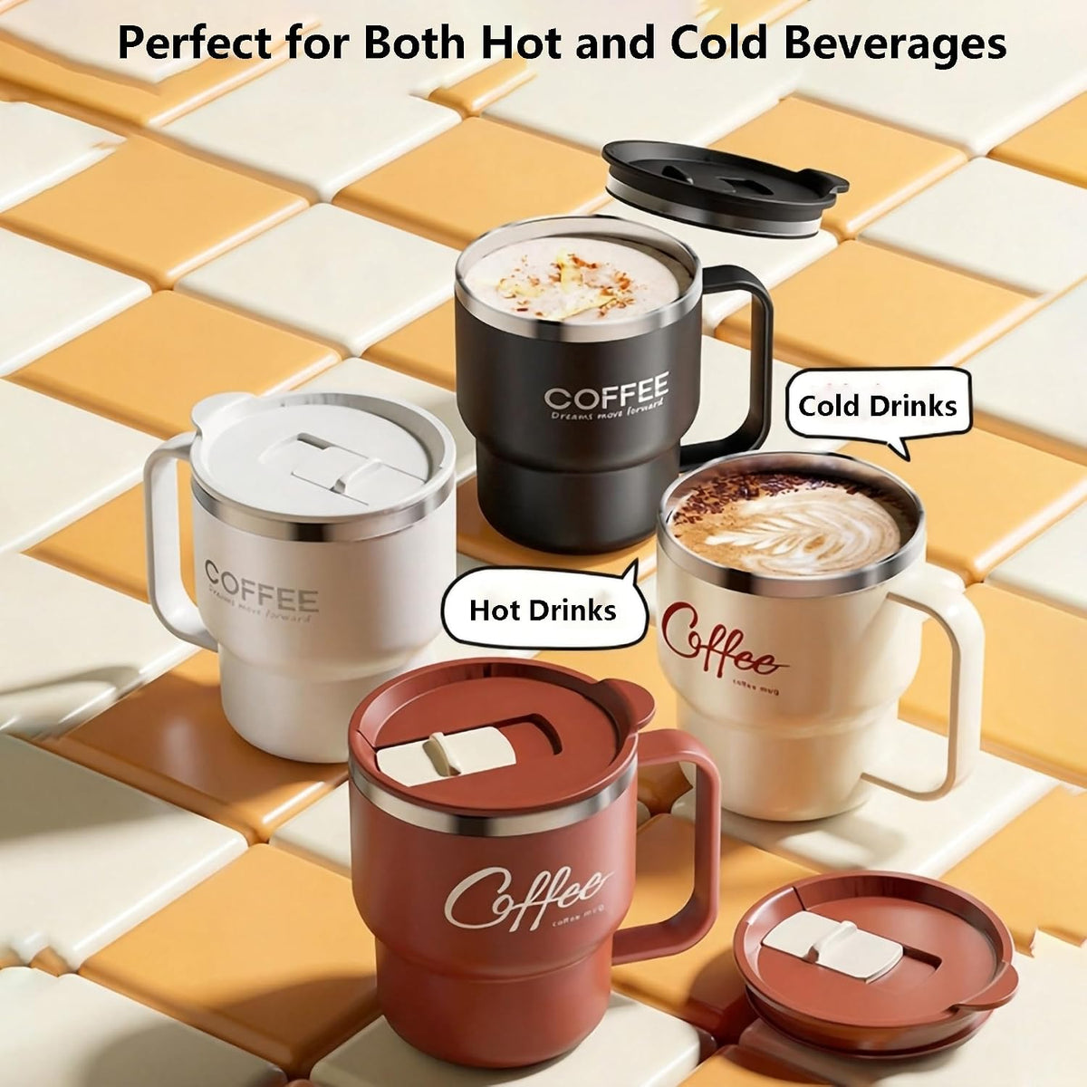 12 oz Insulated Coffee Mug with Lid and Handle, Double Wall Vacuum Insulated, Stainless Steel, Travel Cup for Hot or Cold Drinks