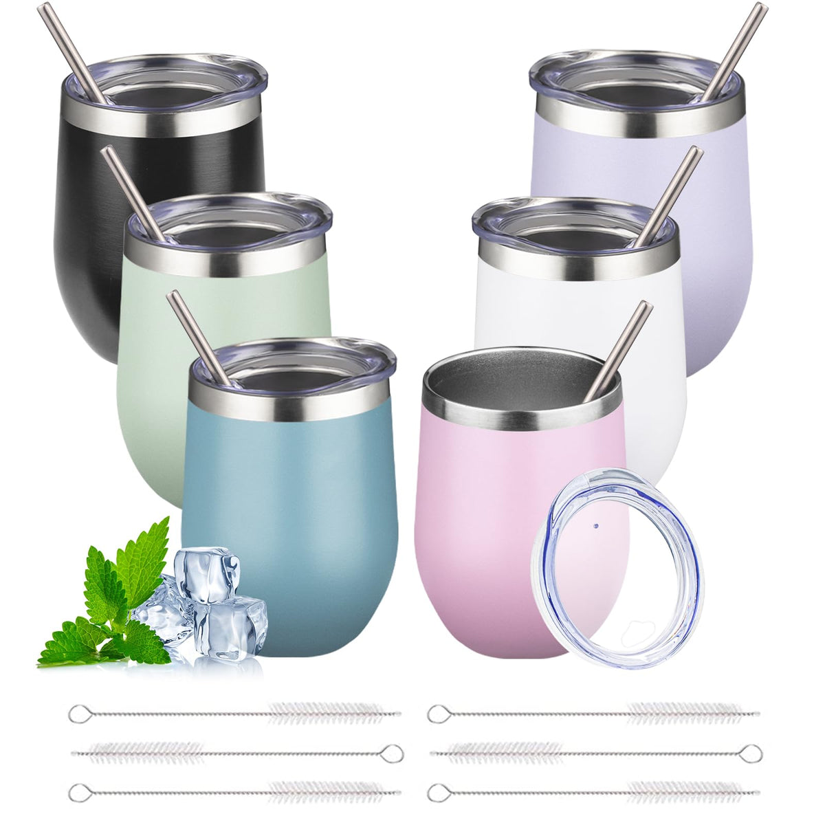 12oz Stemless Wine Tumbler with Lid Double Wall Insulated Wine Cup Stainless Steel Glasses Tumbler with Straw Insulated Cocktail Tumbler Coffee Mug for Hot and Cold Beverages (Multicolor-4, 4 Pack)