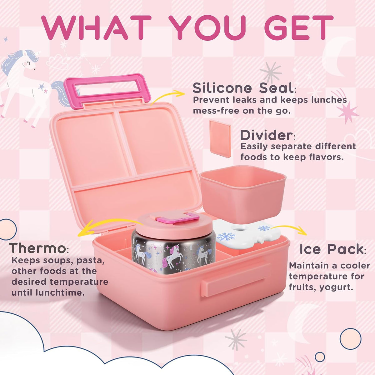 Kids Bento Lunch Box with 8oz Thermo, Ice Pack & Dividers for School
