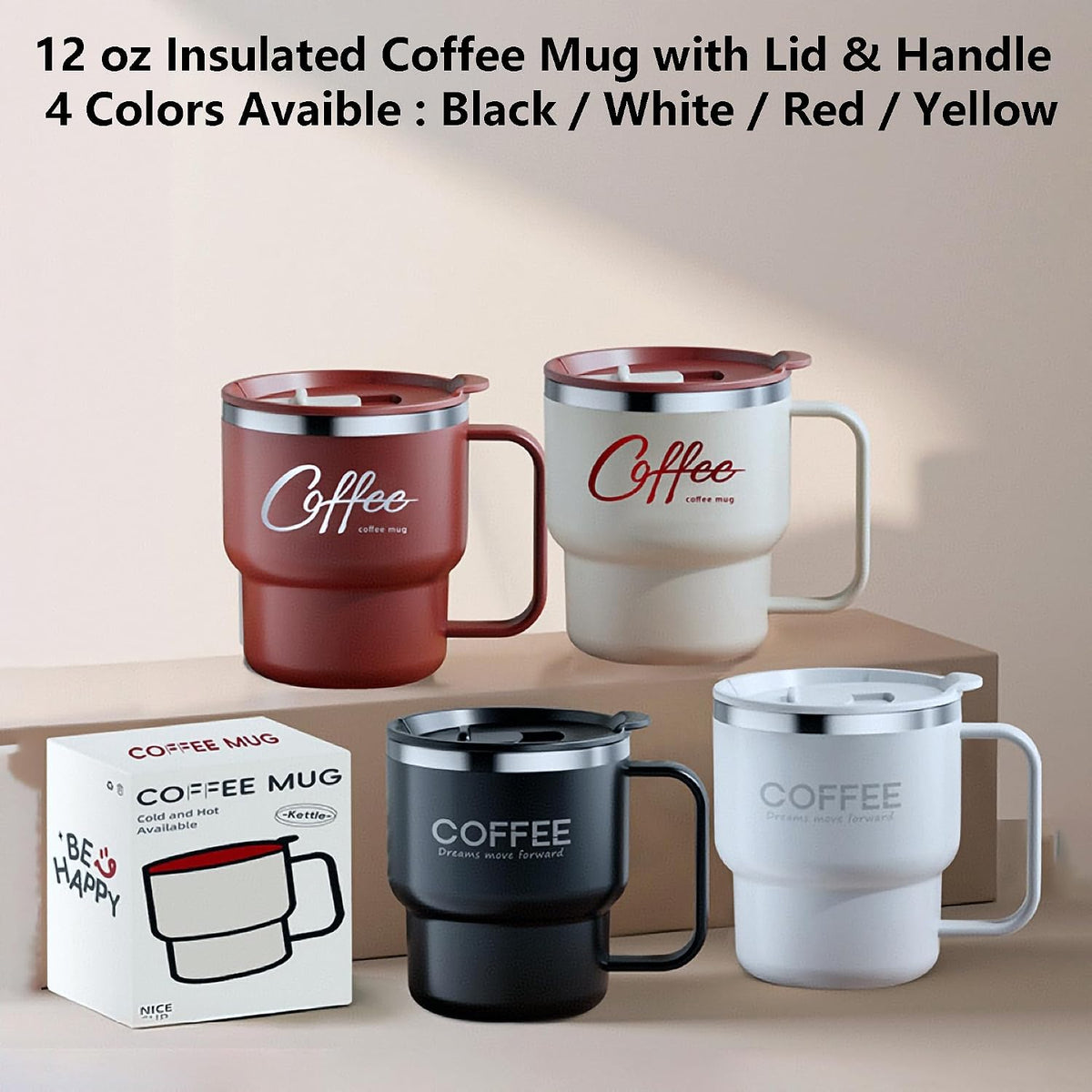12 oz Insulated Coffee Mug with Lid and Handle, Double Wall Vacuum Insulated, Stainless Steel, Travel Cup for Hot or Cold Drinks