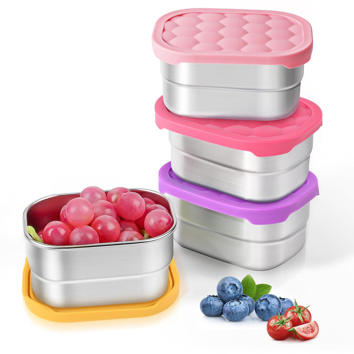 Tanjiae 3 CUP+1 CUP Stainless Steel Lunch Snack Containers Set | Leak Proof 304 Stainless Steel Food Containers with Silicone Lids - Perfect Metal Lunch Box for School and Daycare (25oz+8oz*2)