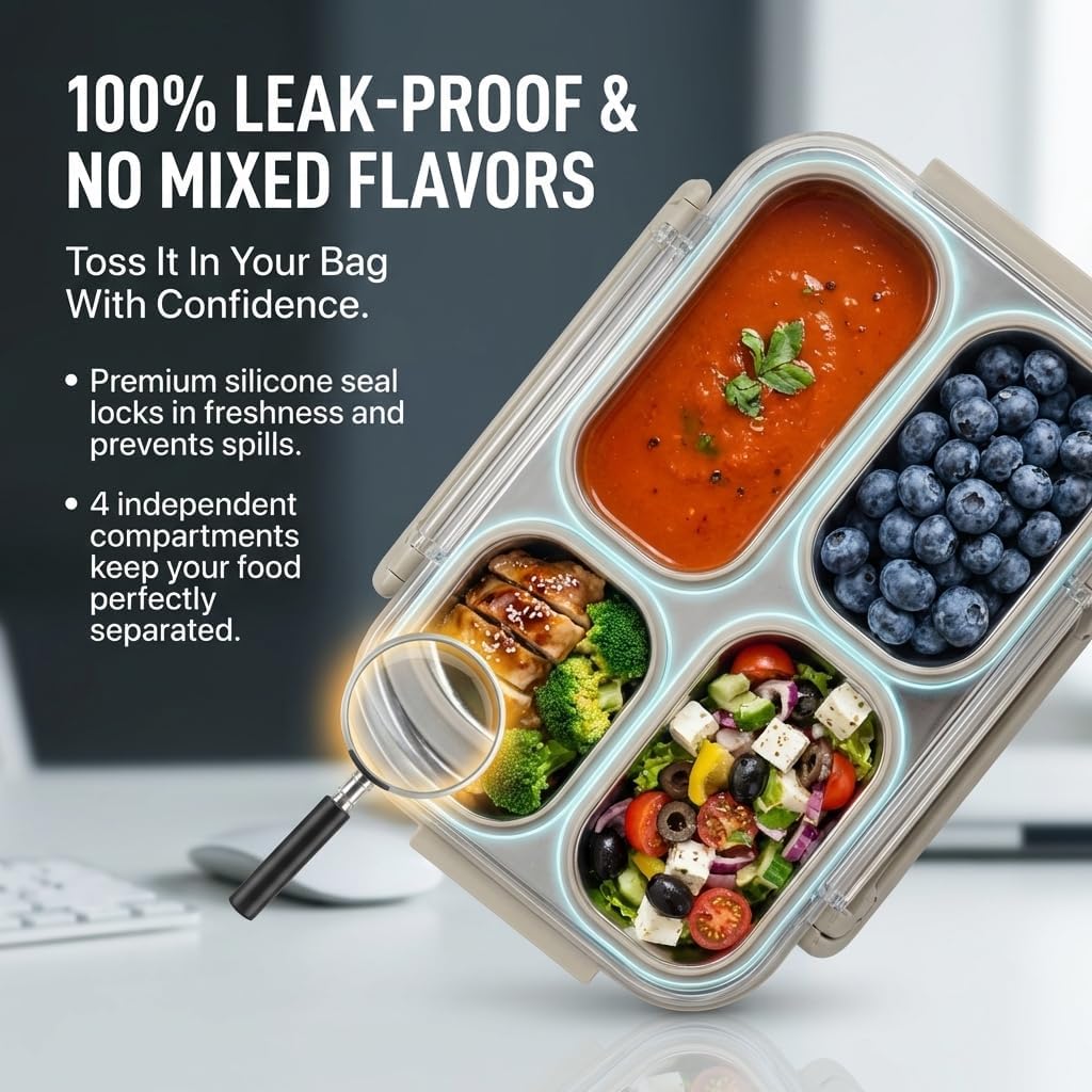 Bento Box Adult Lunch Box - Microwave Safe Stainless Steel Meal Prep Containers, 1200ML Large Capacity 4-Compartment Leak Proof Food Container with Handle & Utensils for Work, Office [Green]