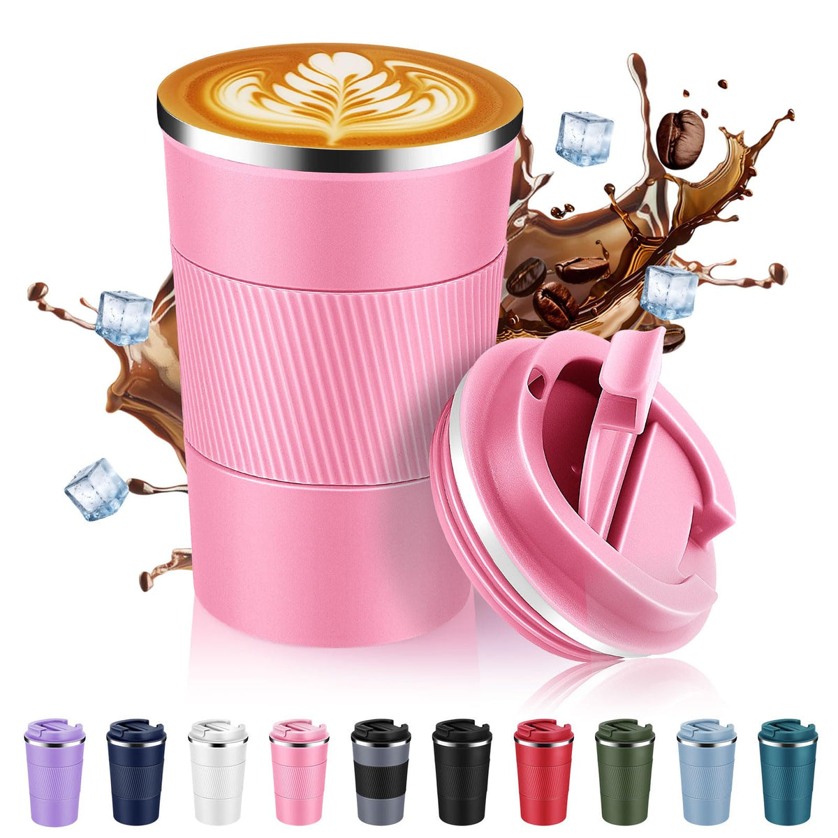 Volhoply 13 oz Stainless Steel Insulated Travel Coffee Cup with Fip Lid,Reusable Double Wall Vacuum Metal Coffee Mug,Portable to Go Leak Proof Cafe Mugs for Hot & Cold Drinks(Pink,1)