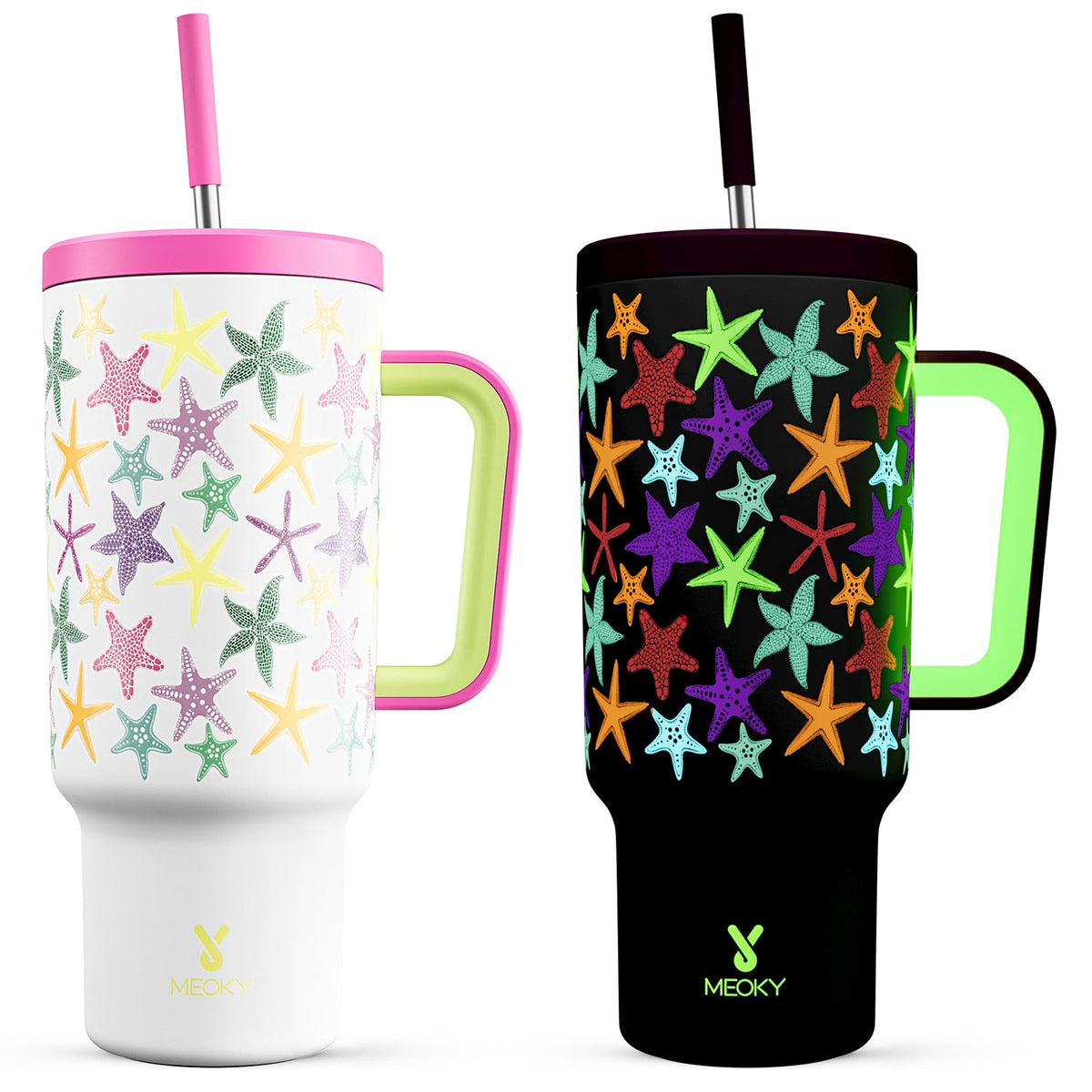 Meoky 40oz Tumbler with Handle, Leak-proof Lid and Straw, Insulated Coffee Mug Stainless Steel Travel Mug, Keeps Cold for 34 Hours or Hot for 10 Hours (Night)