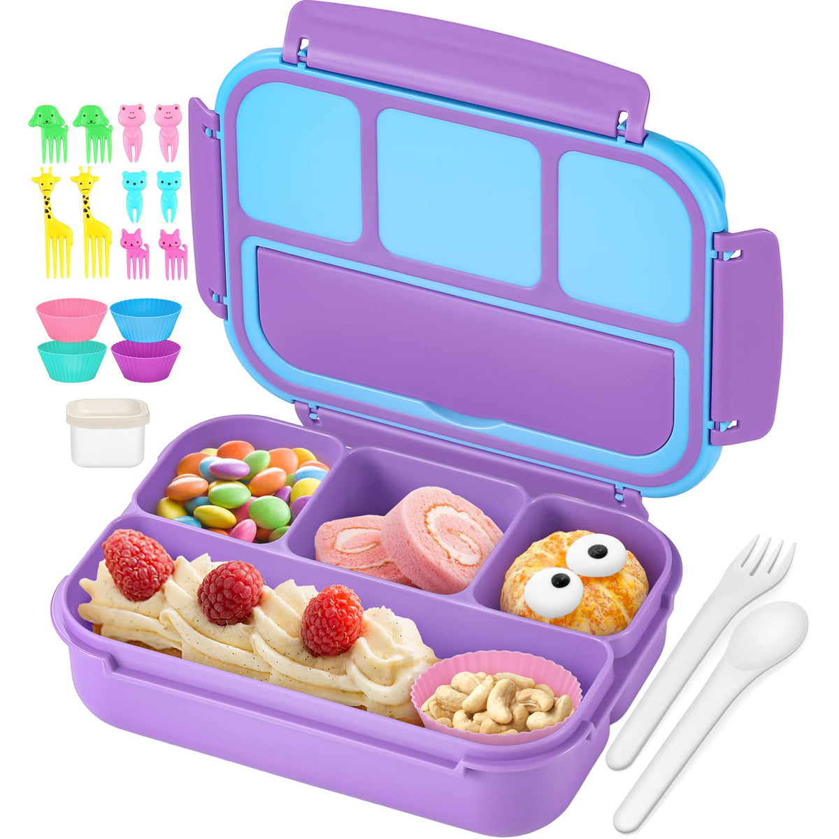 QQKO Bento Box Adult Lunch Box, Lunch Containers for Adults Men Women, Kids Lunch Boxes for School with 4 Compartments, Sauce Container, Utensils and Muffin Cups, Purple