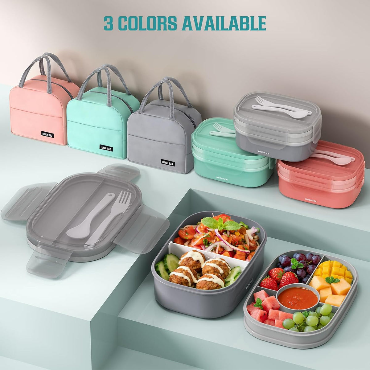 RIKDOKEN Bento Lunch Box, Stackable 2 Layers Containers with Compartments, Portable 64OZ Large Capacity Leakproof Bento Box with Spoon & Fork & Lunch Bag, Microwave Safe Lunch Box for Kids and Adults