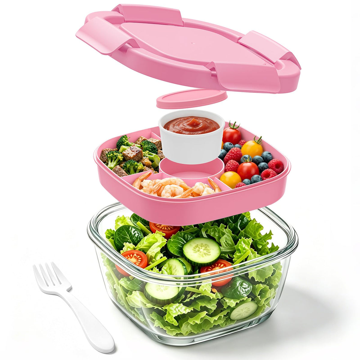 Glass Salad Container,56oz Salad Bowl To Go for Lunch with Airtight Lid,Leak-Proof Sauce Container,4-Compartment Bento Tray & Reusable Fork - BPA-Free Glass Lunch Box for Meal Prep,Office（Green）
