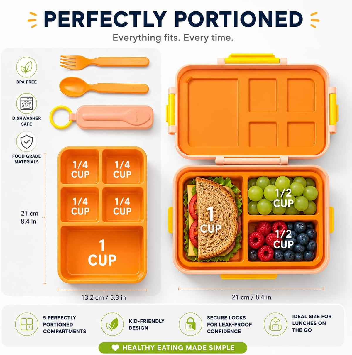 ovve Bento Box for Kids & Cutlery Set – Leakproof Kids Lunch Box, Interchangeable Inserts, BPA-Free, Dishwasher Safe Lunch Containers for School, Preschool, Toddler (Orange)