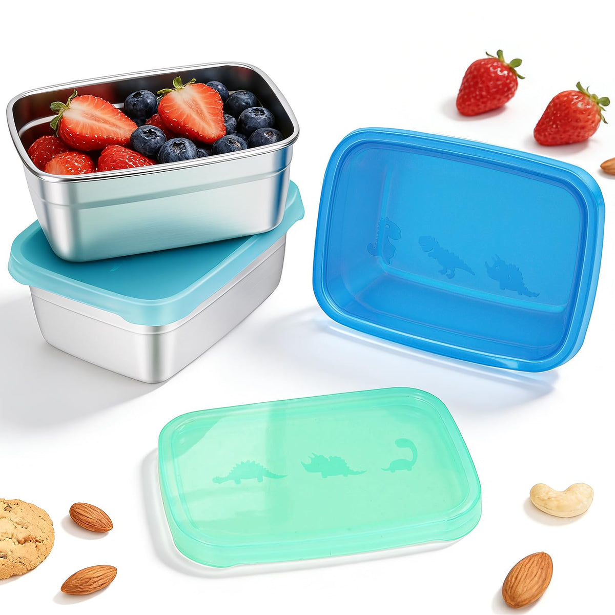Tanjiae 3 CUP+1 CUP Stainless Steel Lunch Snack Containers Set | Leak Proof 304 Stainless Steel Food Containers with Silicone Lids - Perfect Metal Lunch Box for School and Daycare (25oz+8oz*2)