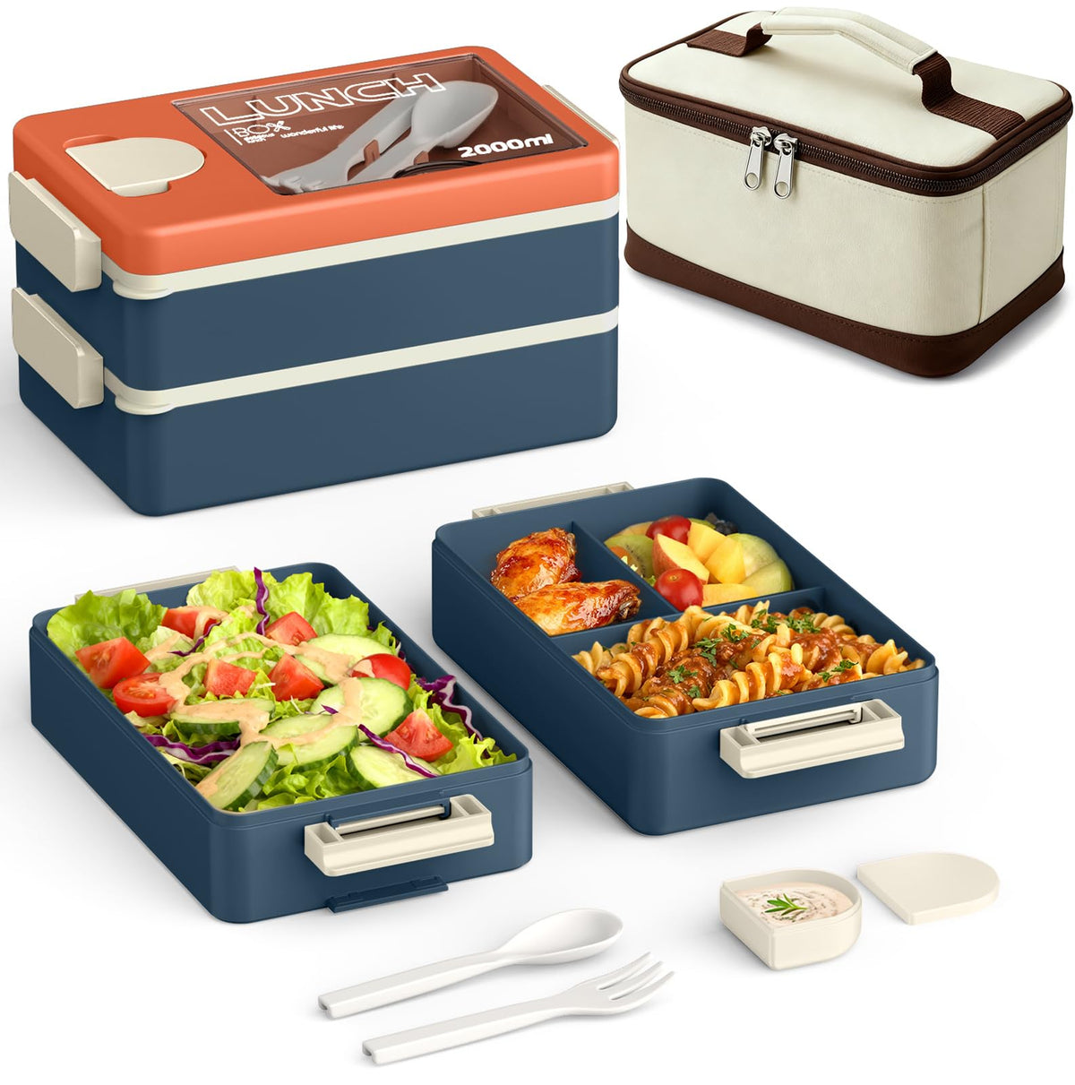 Sitlais Bento Box for Adults, 67oz 2-Layer Stackable Lunch Box with Bag