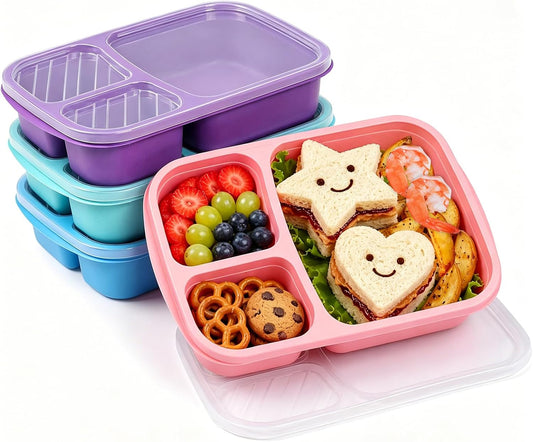 buluker 4 Pack Bento Lunch Box Set 3 Compartment Food Storage Containers Wheat Straw Meal Prep Lunch Box Plastic Food Storage Containers, Microwave and Dishwasher Safe (Vivid Colors)
