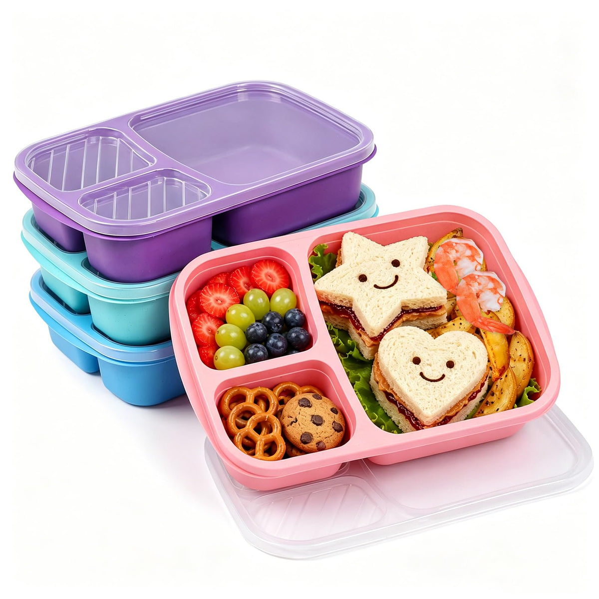 buluker 4 Pack Bento Lunch Box Set 3 Compartment Food Storage Containers Wheat Straw Meal Prep Lunch Box Plastic Food Storage Containers, Microwave and Dishwasher Safe (Vivid Colors)