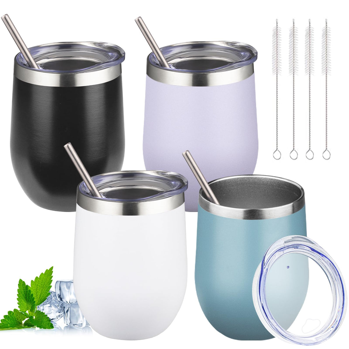 12oz Stemless Wine Tumbler with Lid Double Wall Insulated Wine Cup Stainless Steel Glasses Tumbler with Straw Insulated Cocktail Tumbler Coffee Mug for Hot and Cold Beverages (Multicolor-4, 4 Pack)