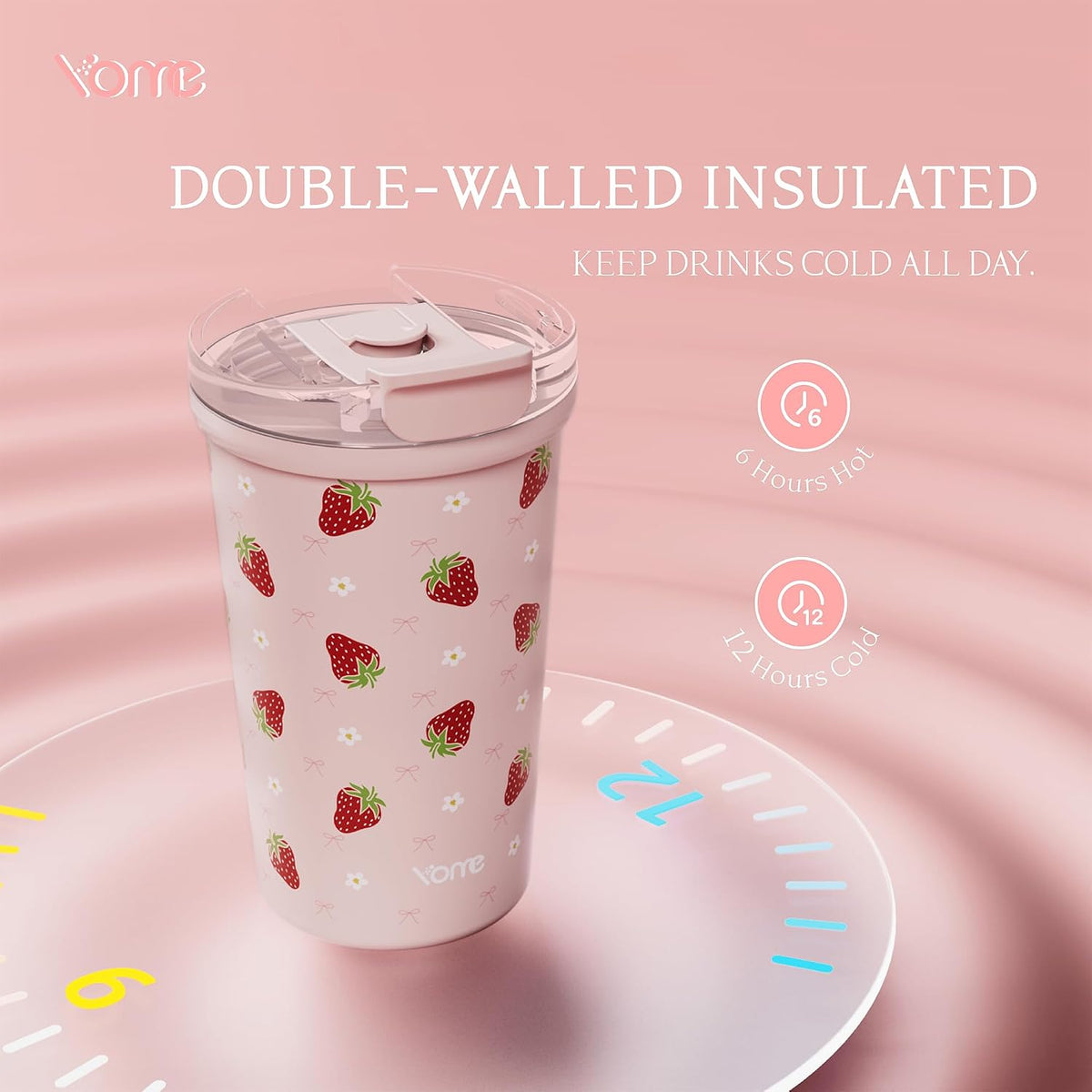 YOME 12oz Strawberry Pink Insulated Coffee Cup with Lid and Straw for Women | 2 in 1 Lid | Stainless Steel | Travel Coffee Cup| 100% Leak Proof | Keeps Drinks Cold&Hot | Gift Travel Gym Car
