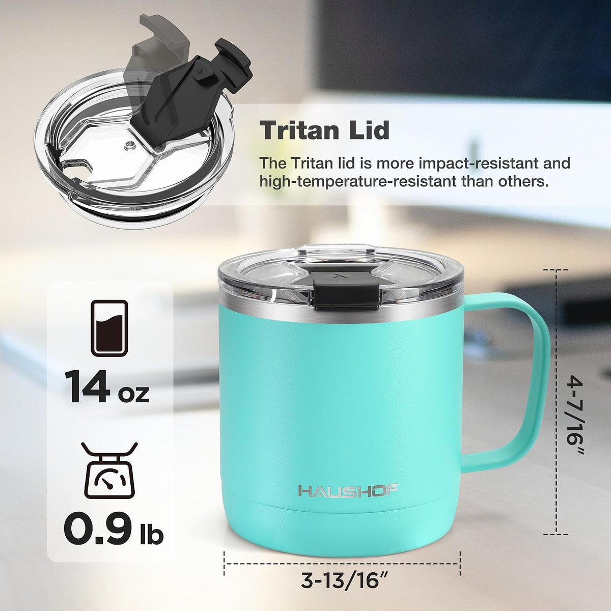 HAUSHOF 14 oz Coffee Mug, Insulated Coffee Mug with Handle, Travel Camping Cup, Portable Stainless Steel Coffee Cup, Insulated Coffee Cups with Lid, Lake Blue