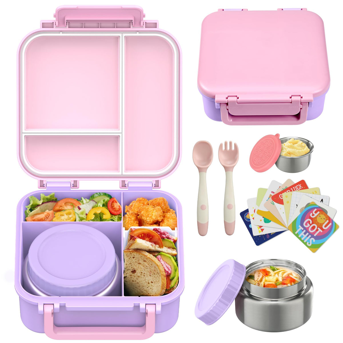 Kids Bento Lunch Box with 9oz Soup Thermo Leakproof Lunch Food Containers 4 Compartment with Insulated Hot Food Jar for Kid Toddler Girls Boys to School, Trvael