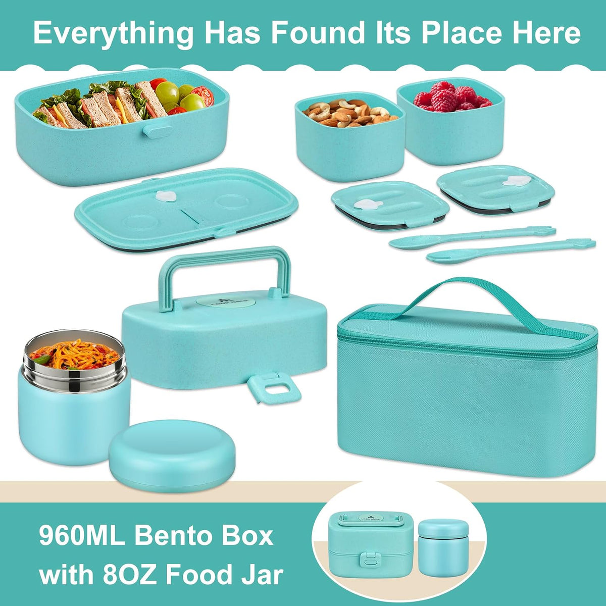 Pawtong Bento Lunch Box with 8oz Soup Thermo, Kids Sustainable Bento Box Leakproof Lunch Food Containers with Lunch Bag, Kids Thermo Insulated Hot Food Jar for School, Trvael (Blue)