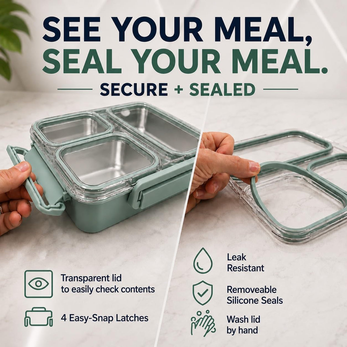 kinsho BIG Bento Lunch Box & Bag, Stainless Steel - Adults Teens Kids Green
