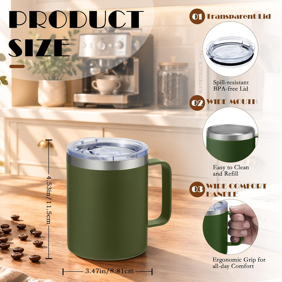 4 Pack 12oz Insulated Coffee Mug with Handle, 4 Colors