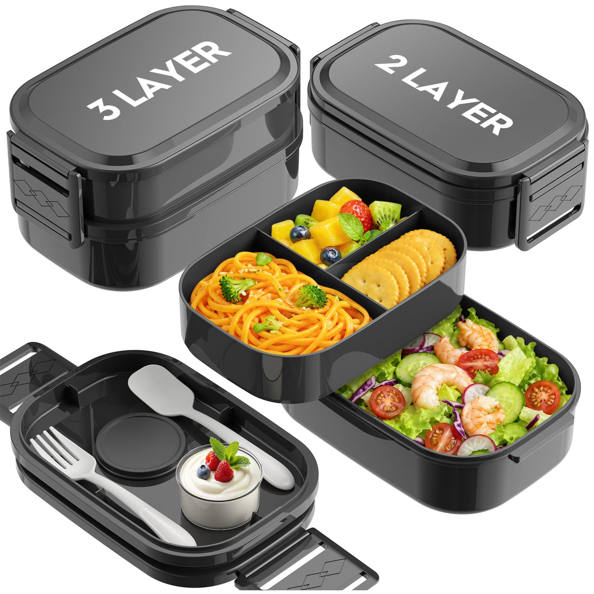 Bento Lunch Box, 65 oz 3-Tier Stackable Lunch Container, Adjustable 2/3 Tier Design, BPA-Free Food-Grade Plastic, Leakproof, Microwave & Dishwasher Safe, Pink