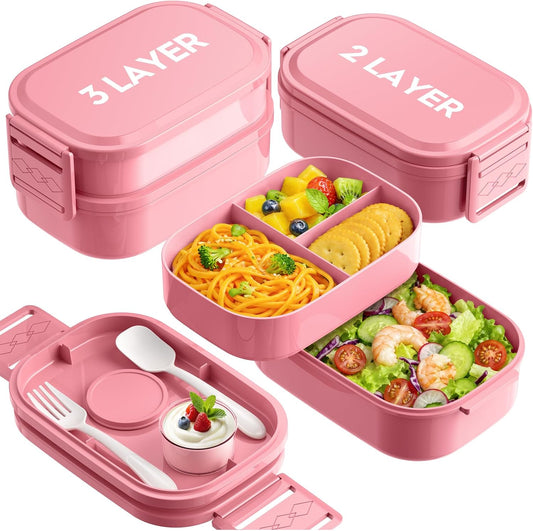 Bento Lunch Box, 65 oz 3-Tier Stackable Lunch Container, Adjustable 2/3 Tier Design, BPA-Free Food-Grade Plastic, Leakproof, Microwave & Dishwasher Safe, Pink