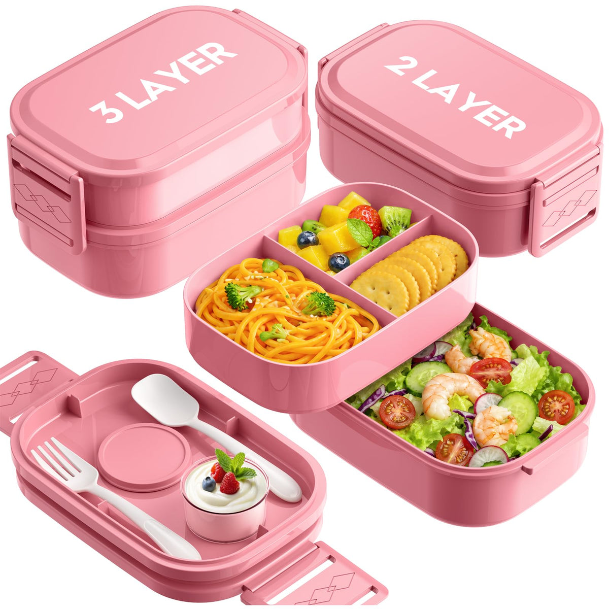 Bento Lunch Box, 65 oz 3-Tier Stackable Lunch Container, Adjustable 2/3 Tier Design, BPA-Free Food-Grade Plastic, Leakproof, Microwave & Dishwasher Safe, Pink