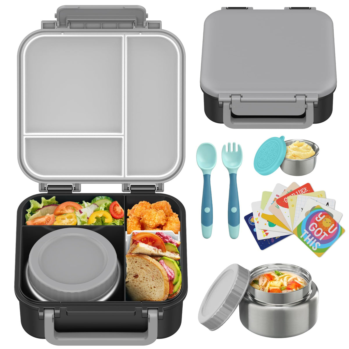Kids Bento Lunch Box with 9oz Soup Thermo Leakproof Lunch Food Containers 4 Compartment with Insulated Hot Food Jar for Kid Toddler Girls Boys to School, Trvael