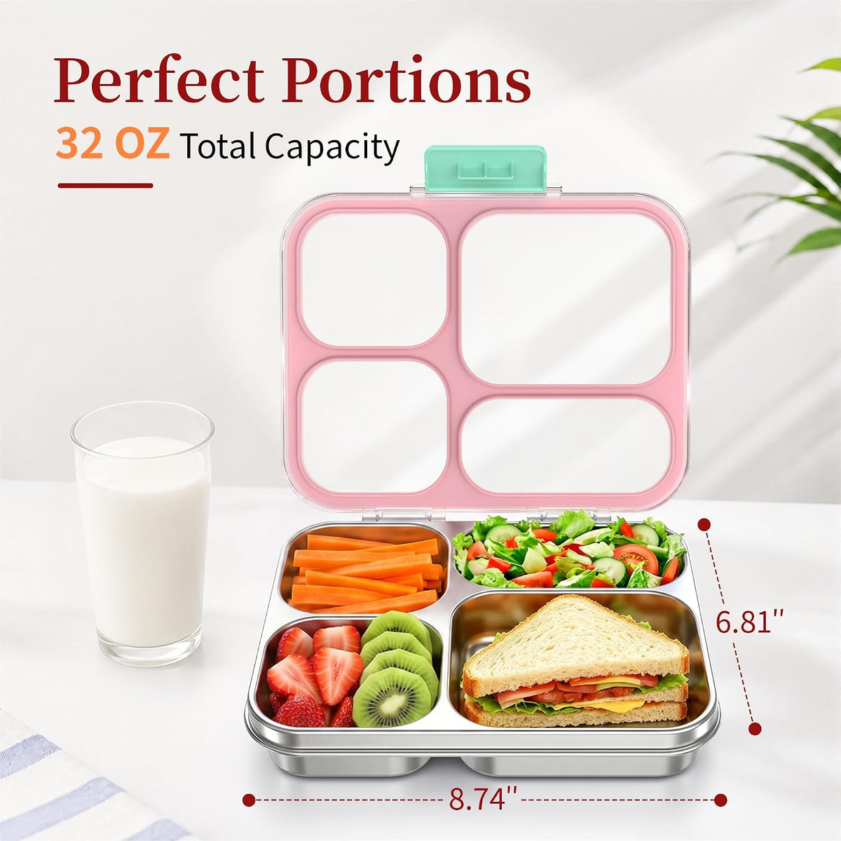 Stainless Steel Lunch Box for Kids, Leakproof 4 Compartment Kids Bento Lunch Box with Clear Lid, BPA-Free Steel Lunch Box Containers for School Travel (Pink)