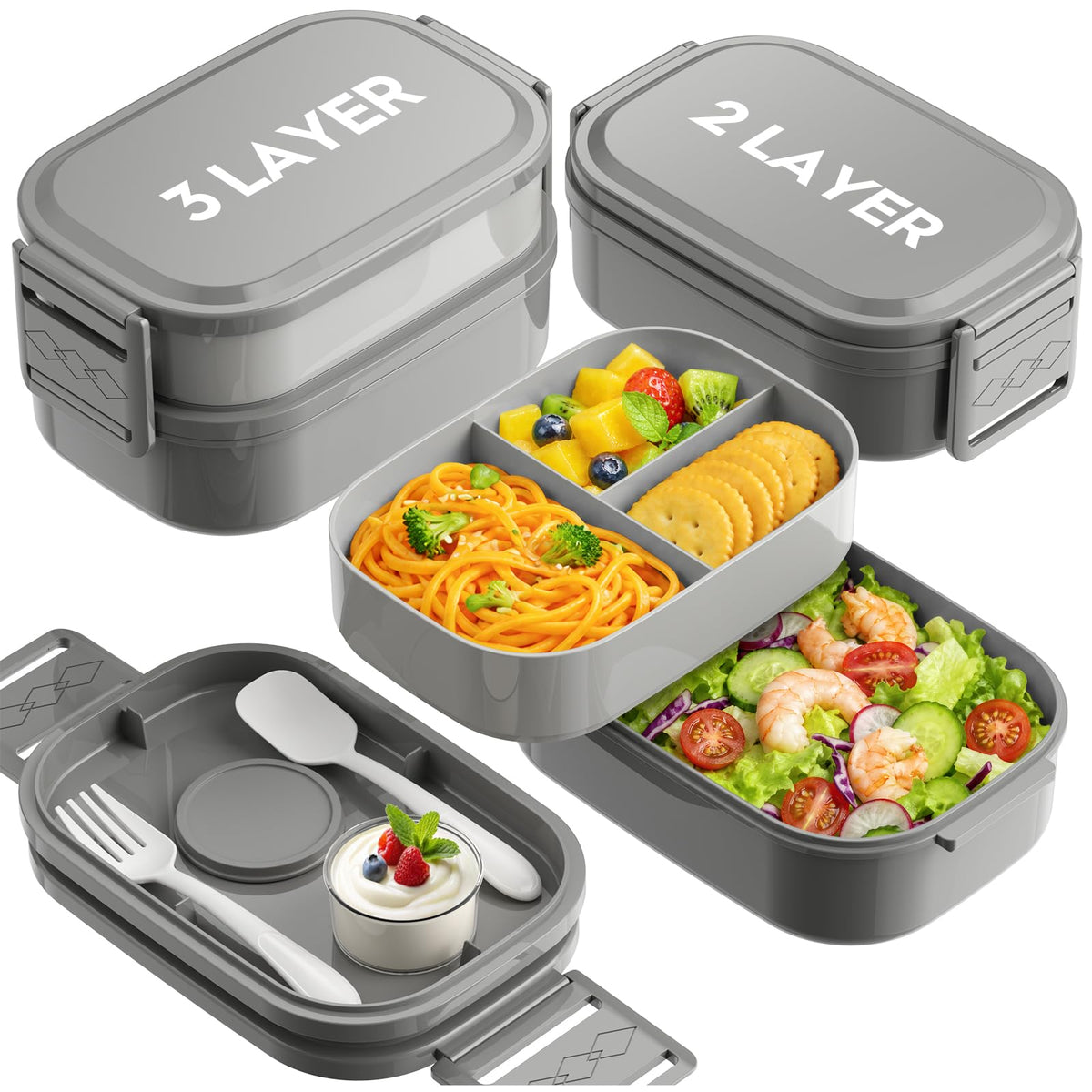 Bento Lunch Box, 65 oz 3-Tier Stackable Lunch Container, Adjustable 2/3 Tier Design, BPA-Free Food-Grade Plastic, Leakproof, Microwave & Dishwasher Safe, Pink