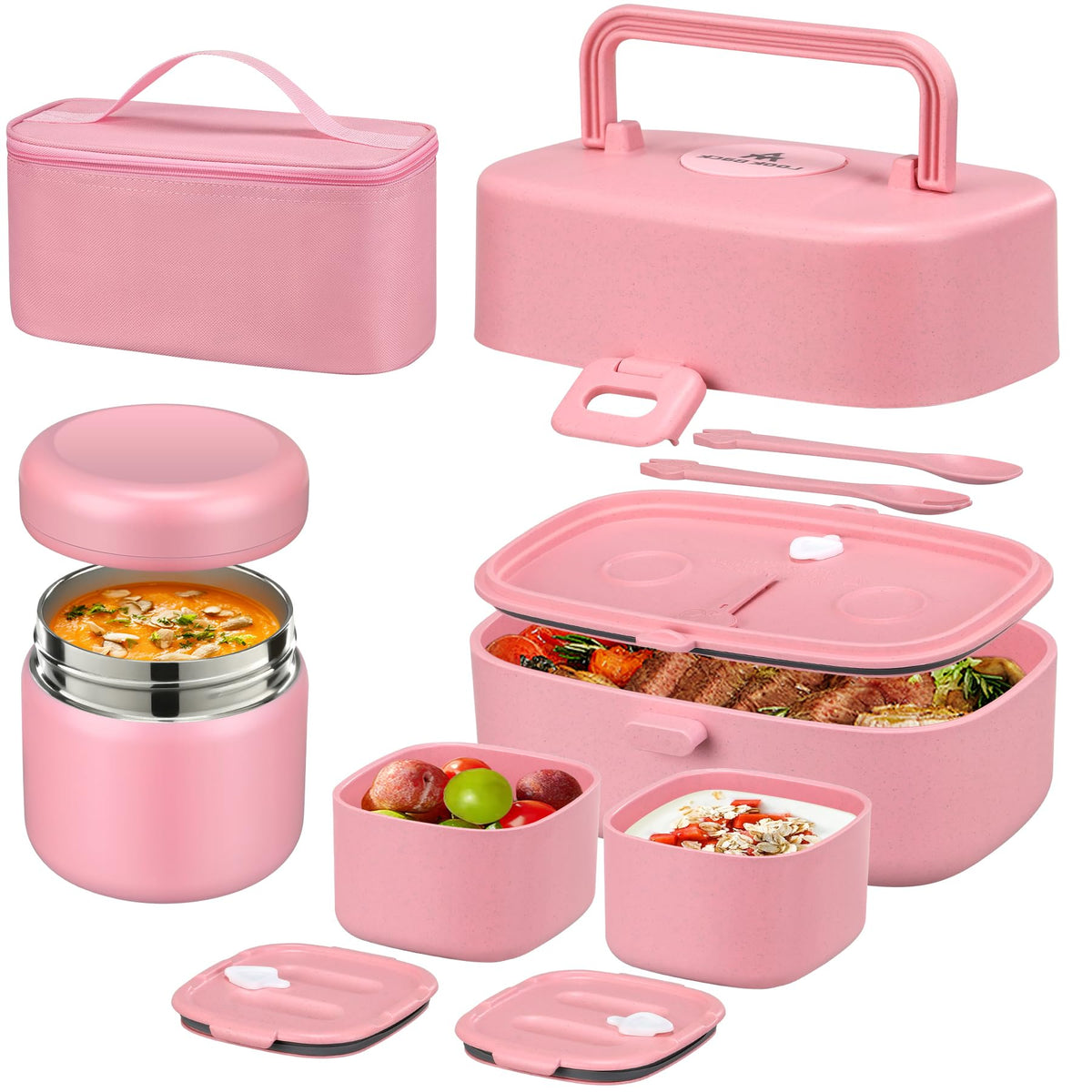Pawtong Bento Lunch Box with 8oz Soup Thermo, Kids Sustainable Bento Box Leakproof Lunch Food Containers with Lunch Bag, Kids Thermo Insulated Hot Food Jar for School, Trvael (Blue)